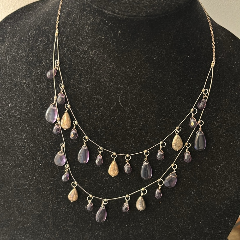 Coldwater Creek Silver Purple Glass Beads Teardrops Double Strand Necklace